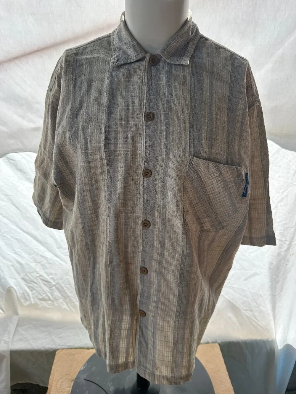 Vintage OP Ocean Pacific Men's Gray Beige Checks SS Button Front Shirt XL Cotton